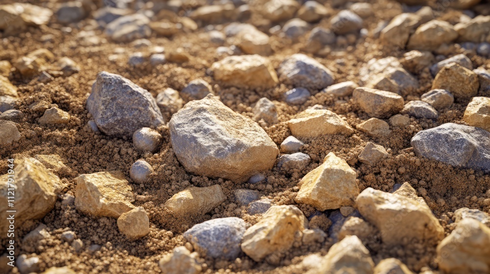 Gravel pit landscape featuring diverse stones and sand textures under natural lighting conditions Gravel pit landscape featuring diverse stones and sand textures under natural lighting conditions