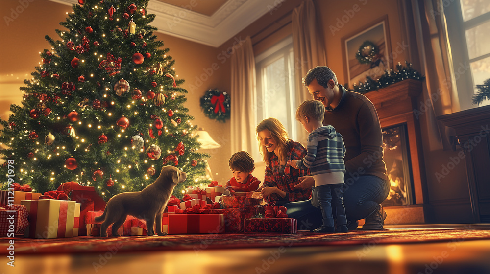 Famiglia che apre i regali di natale Famiglia che apre i regali di natale