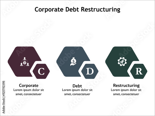 CDR - Corporate Debt Restructuring acronym. Infographic template with icons and description placeholder