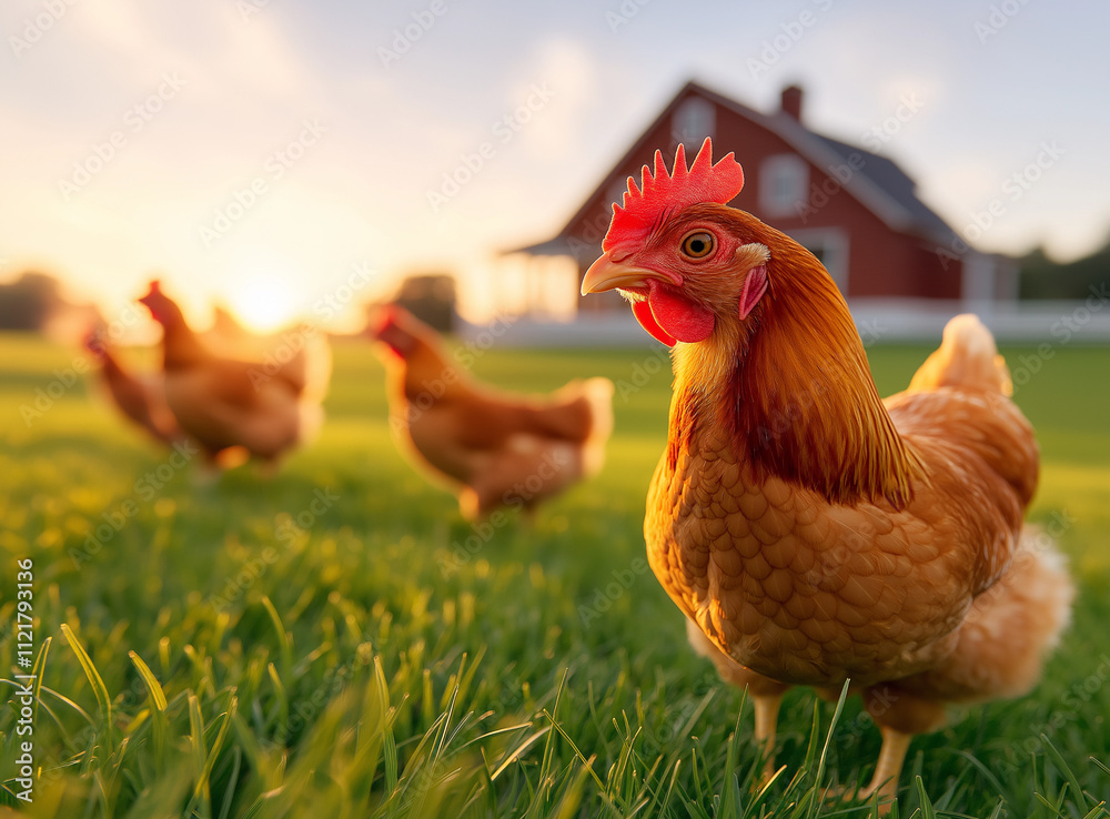 Fototapeta premium A group of chickens in an open field. blurred background is a farmhouse