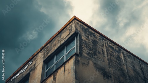 Urban architecture detail of a weathered building roof against a dramatic cloudy sky showcasing texture and perspective.