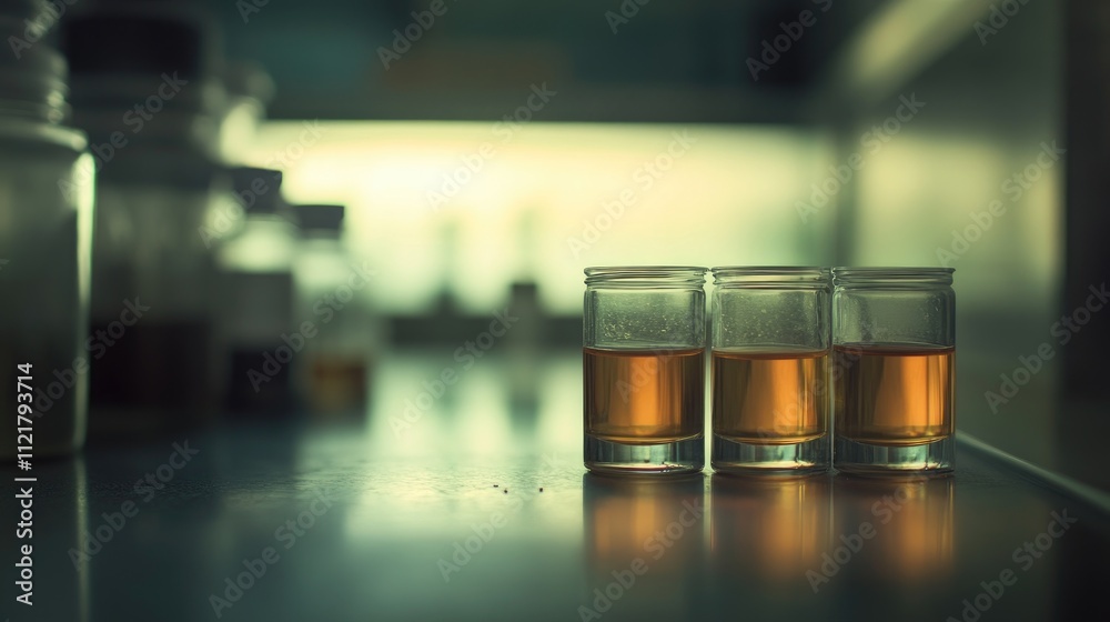 Set of perfume oil bottles and pipette on lab table with artistic defocus showcasing laboratory atmosphere and aromatic substances. Set of perfume oil bottles and pipette on lab table with artistic defocus showcasing laboratory atmosphere and aromatic substances.