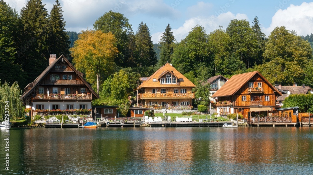 Charming Lakeside Village in Autumn Scenery Charming Lakeside Village in Autumn Scenery