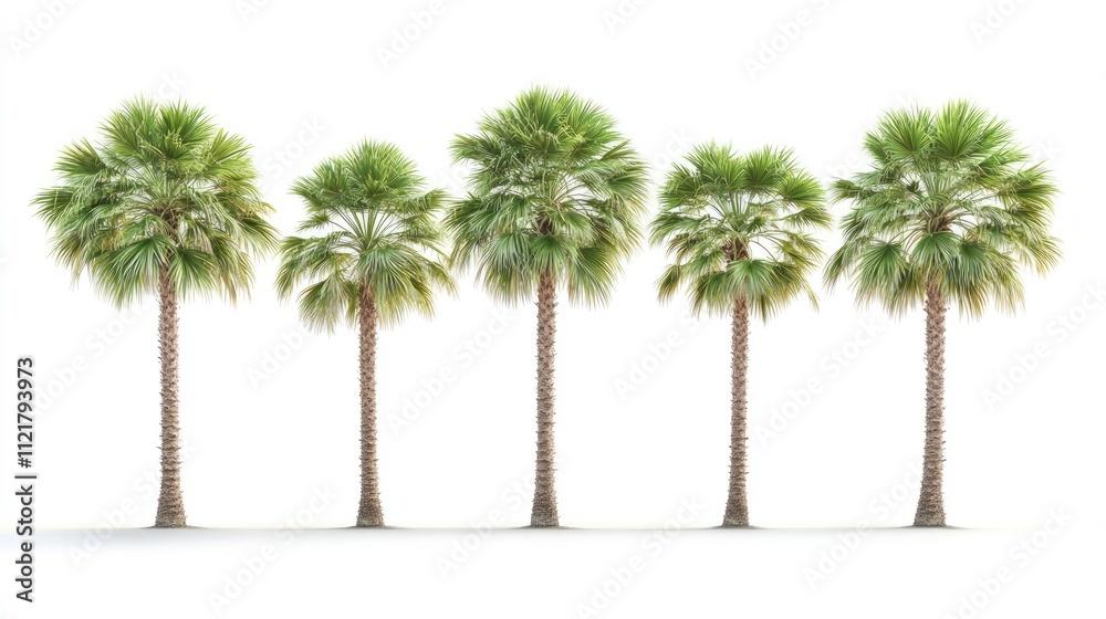 Fototapeta premium Sugar palm trees arranged in a row with lush green fronds against a clean white background ideal for nature and landscaping themes