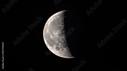 Crescent moon illuminated in the night sky showcasing lunar details against a black backdrop for celestial photography enthusiasts. photo