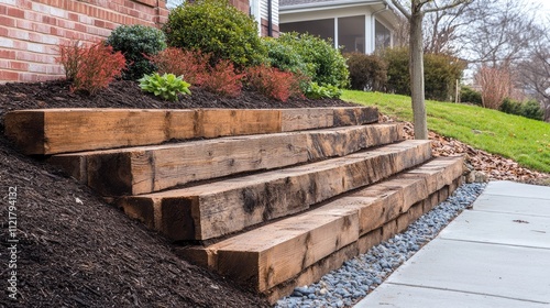 Wooden retaining wall steps in landscaped neighborhood providing erosion control and aesthetic appeal with surrounding shrubs and grass. photo