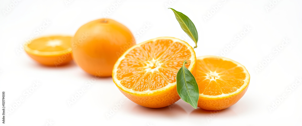 Bright oranges are displayed on a clean white surface. Whole fruit accompanies cut halves, showcasing the juicy interior and green leaves. The composition highlights freshness and color Bright oranges are displayed on a clean white surface. Whole fruit accompanies cut halves, showcasing the juicy interior and green leaves. The composition highlights freshness and color