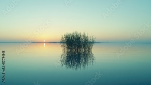 Tranquil Sunset Over Lake Lubans with Reed Reflection in Calm Waters and Serenity of the Blue Hour in Latvia photo