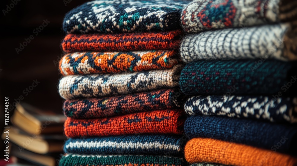 Colorful jacquard patterned sweaters neatly stacked showcasing cozy textures and vibrant designs perfect for winter fashion. Colorful jacquard patterned sweaters neatly stacked showcasing cozy textures and vibrant designs perfect for winter fashion.