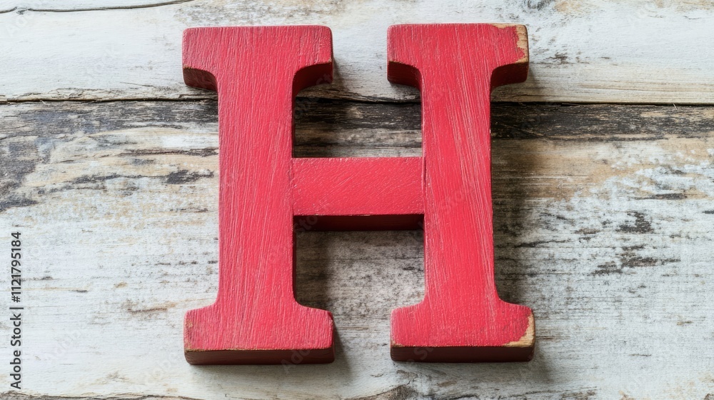 Red wooden letter H displayed on rustic wooden background for creative designs and decorative purposes
