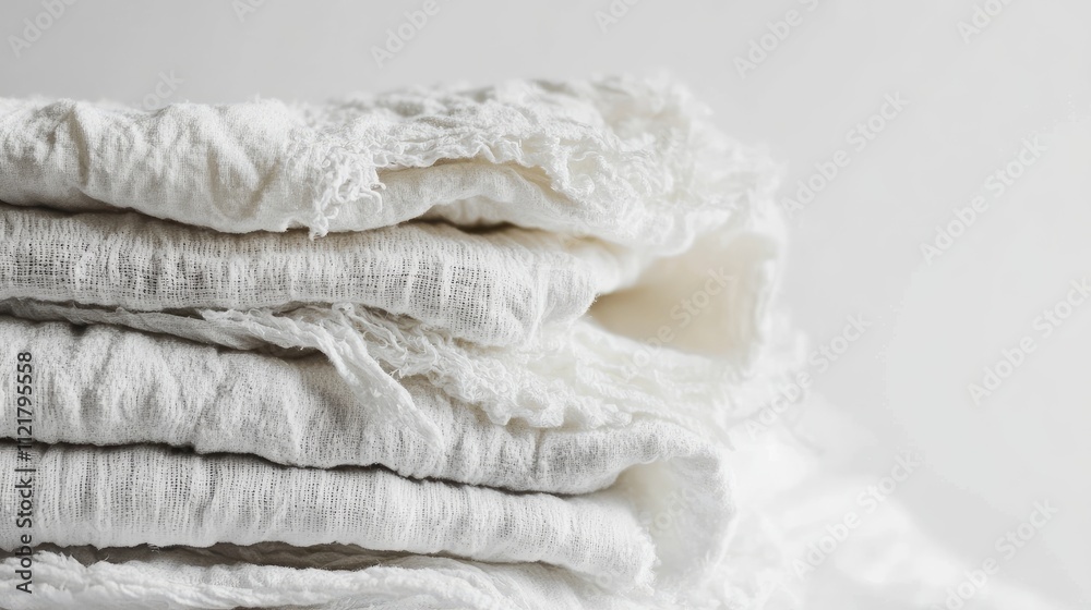 Obraz premium Textured stack of white blankets folded on a bed creating a serene and cozy atmosphere with a seamless light background for versatile use.