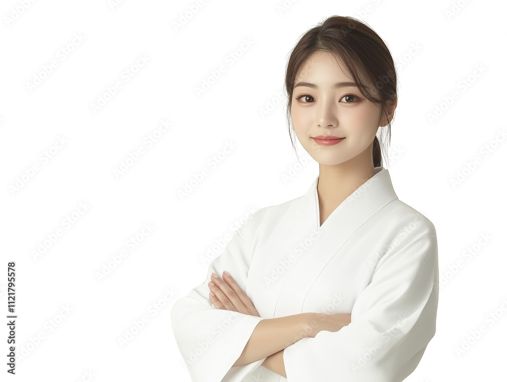 Elegant woman in a flowing white kimono, portrait of serenity, grace, and timeless beauty.