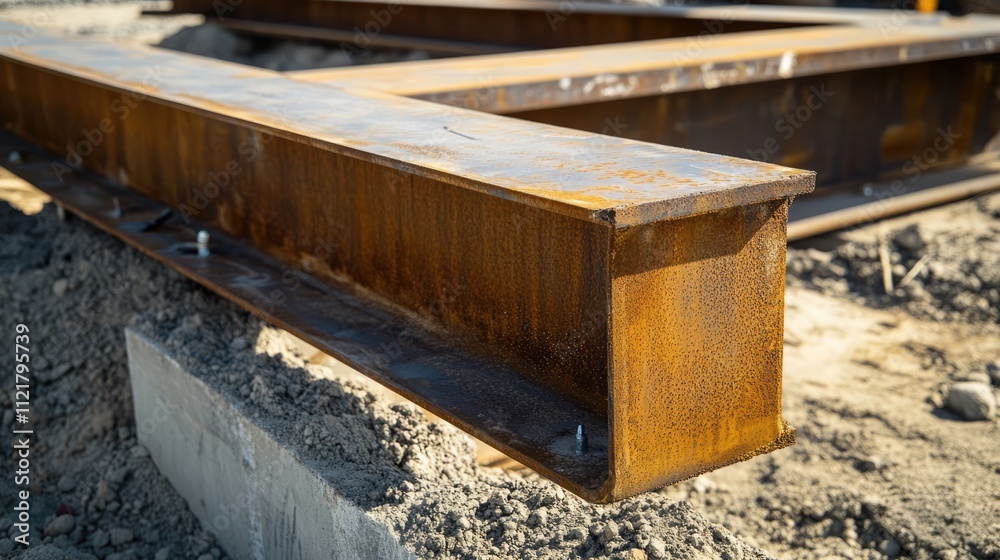 Structural steel foundation beams positioned on a gravel base for building construction site preparation and structural integrity Structural steel foundation beams positioned on a gravel base for building construction site preparation and structural integrity