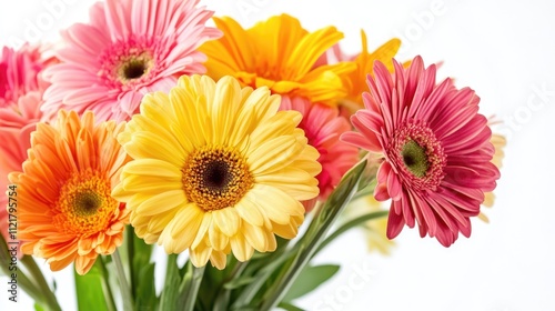 Vibrant still life of colorful gerbera daisies in a vase against a bright white background showcasing natural beauty and freshness