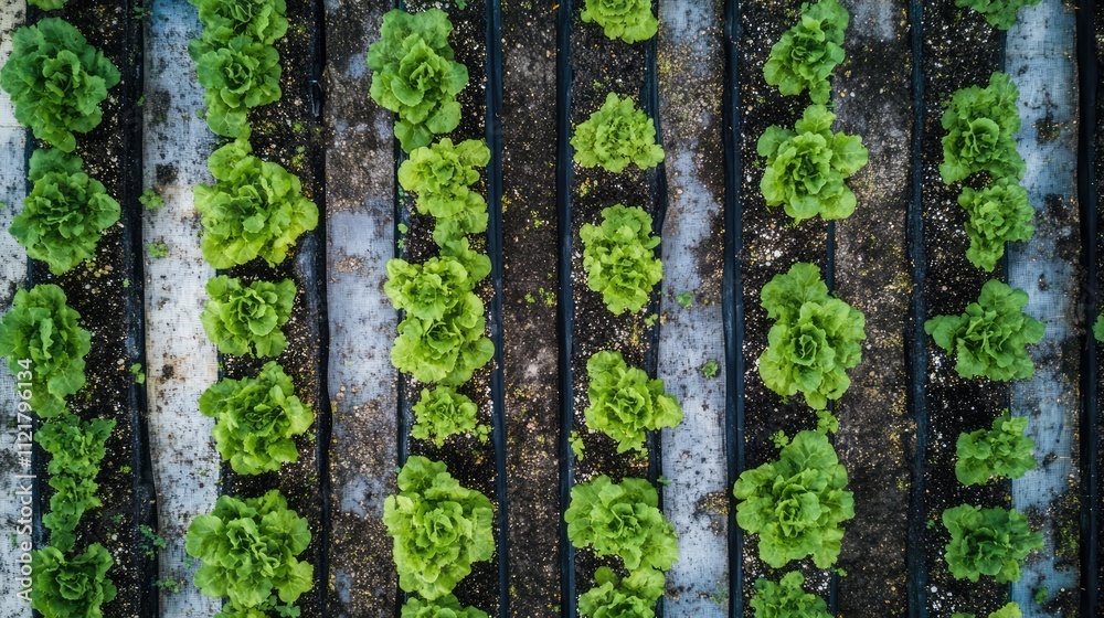 Obraz premium Aerial view of greenhouse vegetable cultivation showcasing rows of healthy lettuce plants growing in a well-organized organic garden.