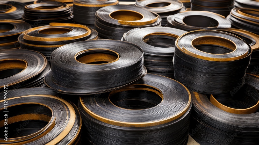 Steel coils stacked in a stock yard showcasing industrial metal textures and backgrounds ideal for manufacturing and engineering concepts. Steel coils stacked in a stock yard showcasing industrial metal textures and backgrounds ideal for manufacturing and engineering concepts.