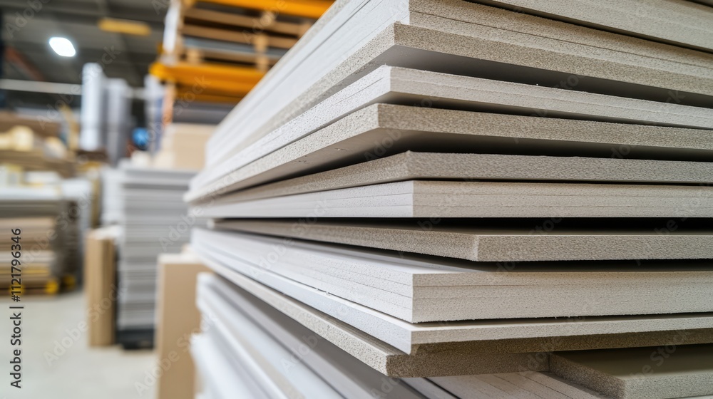Obraz premium Stack of high-quality sound-insulated gypsum boards for construction, ideal for indoor concrete wall applications in hardware stores.