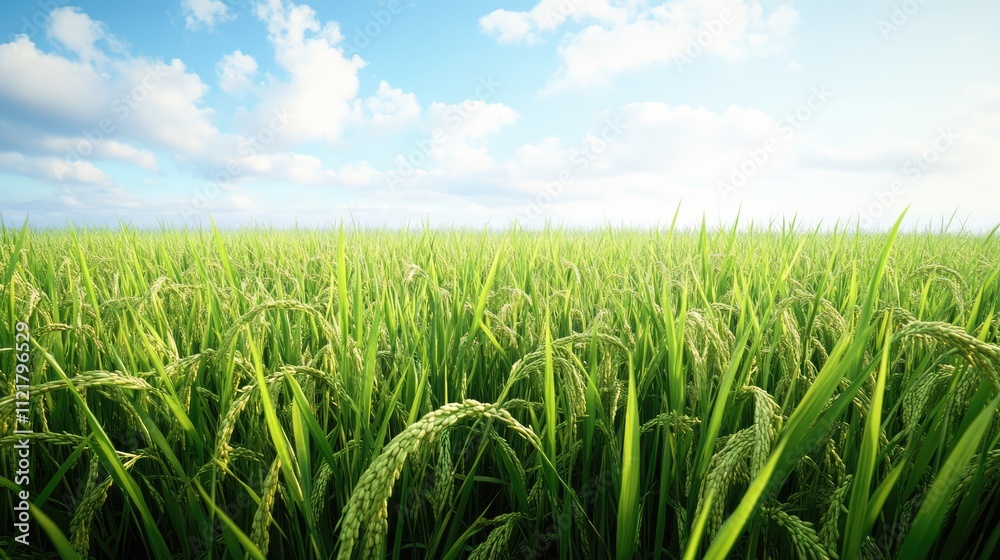 Obraz premium Aerial view of vibrant green rice field under a blue sky with fluffy clouds showcasing agricultural beauty and seasonal growth