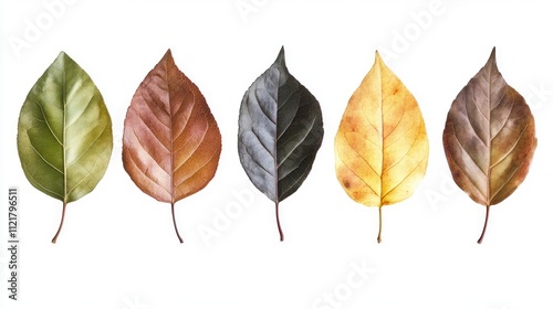 Leaves in various colors arranged on a white background illustrating seasonal changes and the beauty of nature's palette