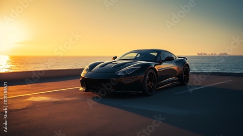 Black Sports Car at Sunset Ocean View