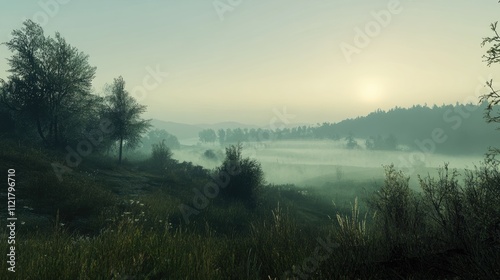 Dawn Fog Embracing Serene Landscape with Trees and Rolling Hills in Soft Light