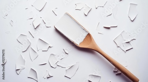 Spatula and putty on a white wall with flakes of plaster, illustrating repair work in construction and interior decoration concepts. photo