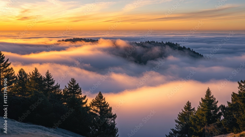 Fototapeta premium Enchanting morning fog enveloping a serene landscape at sunrise with trees silhouetted against golden and pastel skies.