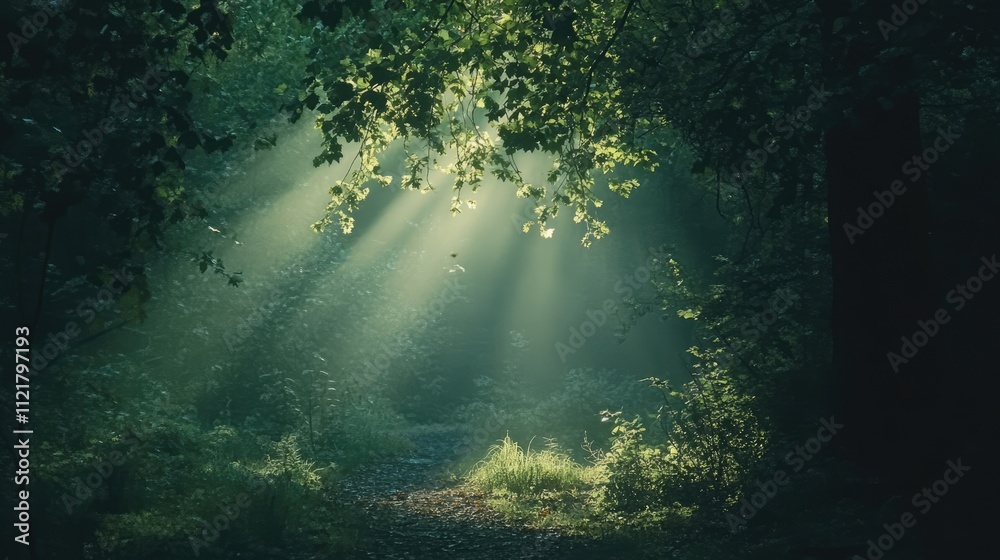 Sunlight Streaming Through Lush Green Leaves Over a Serene Forest Pathway Sunlight Streaming Through Lush Green Leaves Over a Serene Forest Pathway