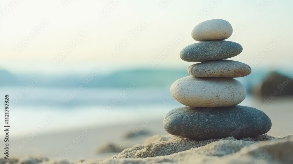 Balanced stones at a serene beach symbolizing tranquility, mindfulness, and nature's harmony during a peaceful sunset. Balanced stones at a serene beach symbolizing tranquility, mindfulness, and nature's harmony during a peaceful sunset.