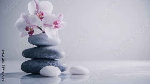 Spa serenity with stacked stones and delicate orchids on a tranquil white backdrop conveying relaxation and wellness themes.