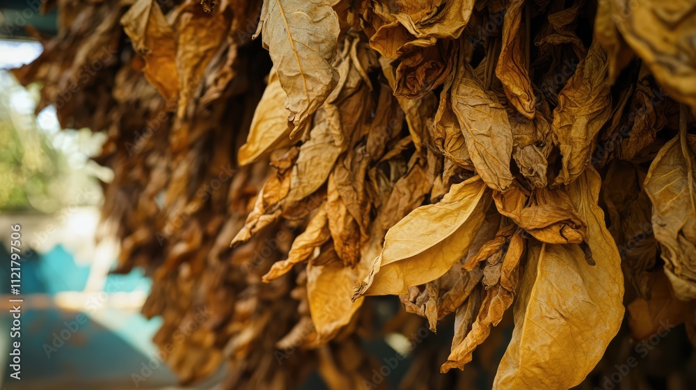 Dried tobacco leaves hanging under sunlight showcasing natural curing process and agricultural practices in rural settings Dried tobacco leaves hanging under sunlight showcasing natural curing process and agricultural practices in rural settings
