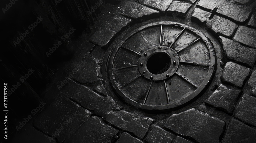Sewer cover on cobblestone pavement in black and white showcasing urban infrastructure and historical architecture details Sewer cover on cobblestone pavement in black and white showcasing urban infrastructure and historical architecture details