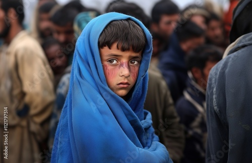 Young war-weary-colored Muslim boys wrapped in blue blankets, standing on the street with many people behind them waiting to board cargo ships as they confidently look at camera. hot summer day