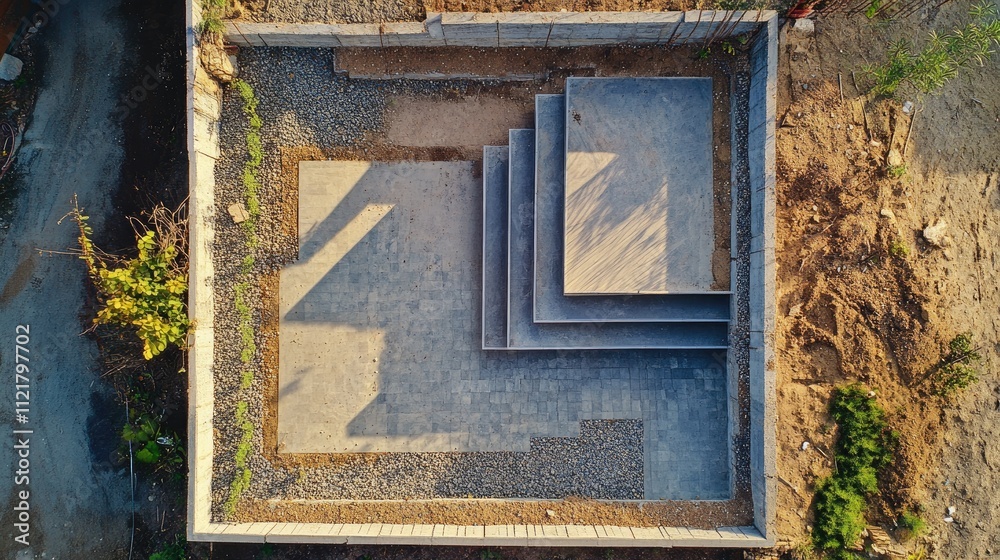 Terrace floor reconstruction process showcasing step-by-step layout from above in a modern apartment design concept.