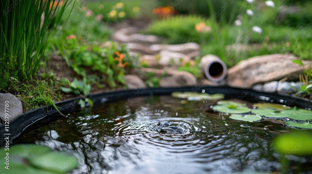 Selective focus on round PVC pipe for drainage in a serene fish pond landscape featuring lily pads and garden greenery. Selective focus on round PVC pipe for drainage in a serene fish pond landscape featuring lily pads and garden greenery.