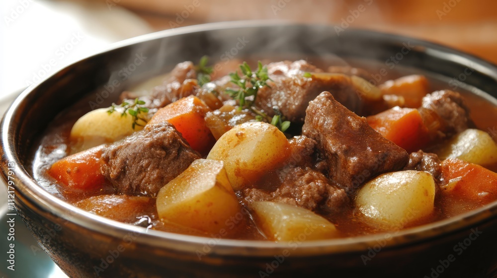 Hearty beef stew with vegetables steaming in a bowl evoking warmth and comfort in every flavorful spoonful Hearty beef stew with vegetables steaming in a bowl evoking warmth and comfort in every flavorful spoonful