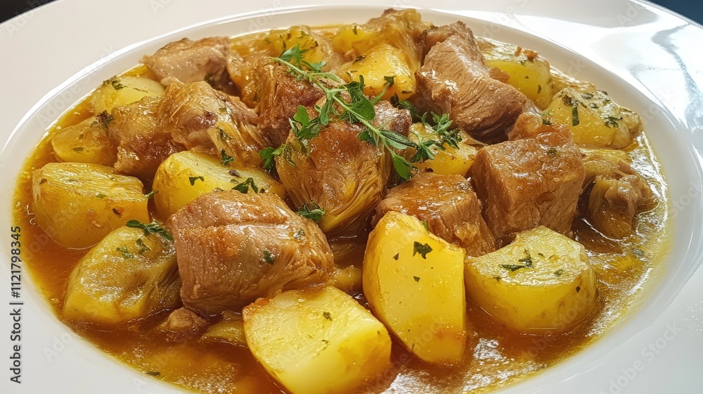 Pork Stew with Artichokes and Potatoes Traditional Italian Cuisine Dish