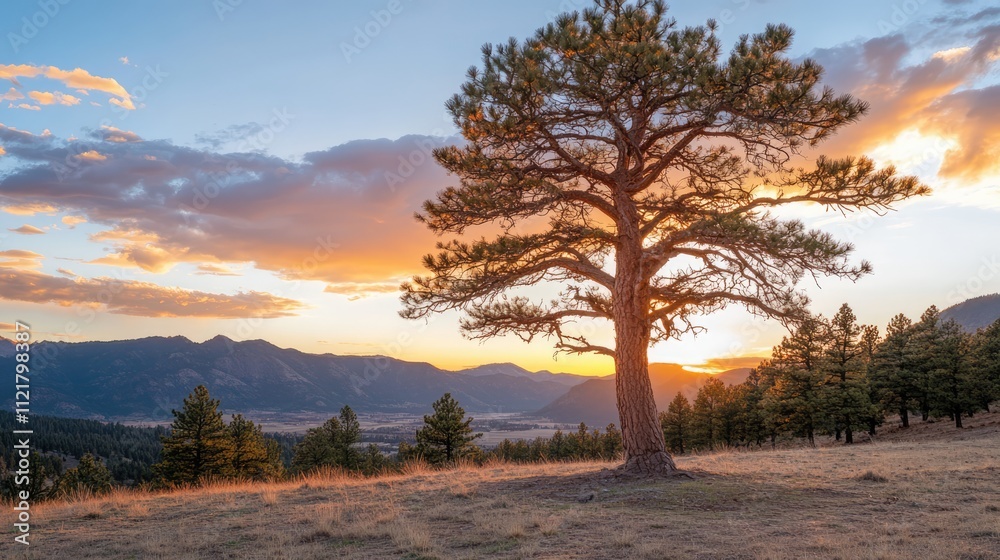 Serene sunset behind a solitary pine tree amidst mountainous landscape showcasing vibrant sky and tranquil natural beauty. Serene sunset behind a solitary pine tree amidst mountainous landscape showcasing vibrant sky and tranquil natural beauty.