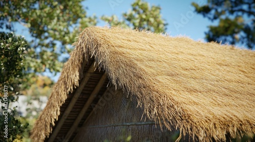 Thatched roof of a traditional Thai cottage showcasing rustic countryside texture and vibrant natural surroundings