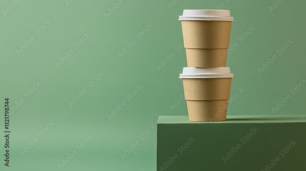 Biodegradable takeaway coffee cups stacked on a green background promoting eco-friendly and zero waste lifestyle concepts.