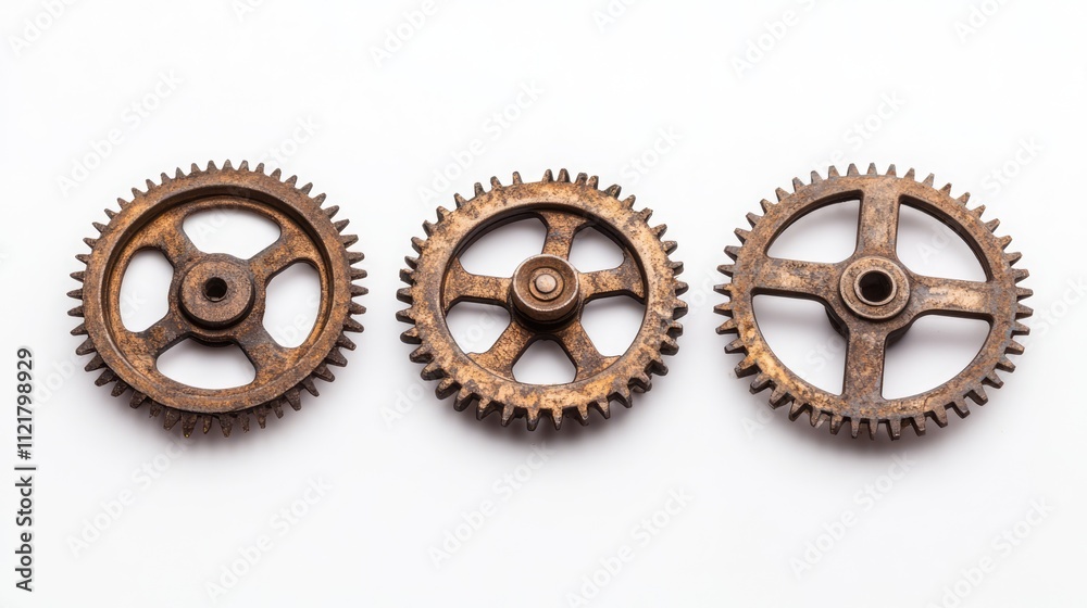 Antique metal gears arranged on a white background showcasing intricate designs and textures for industrial or vintage themes Antique metal gears arranged on a white background showcasing intricate designs and textures for industrial or vintage themes