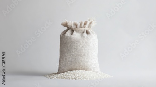 Bulk rice sack on white background showcasing a small bag of rice ideal for food industry marketing and nutritional packaging visuals photo