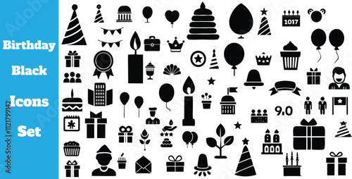Festivals & Celebrations Icon Set: Editable Outline Icons with Balloons, Party Hats, Confetti, Cake, Candles, and More - Flat Vector Illustration on White Background.