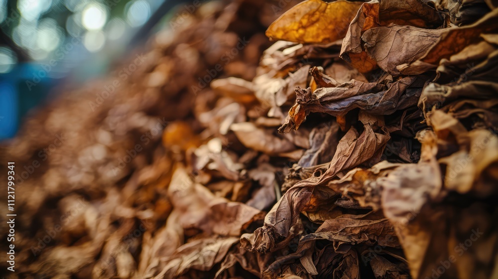 Dried tobacco leaves arranged in piles for processing into raw material for cigarette production Dried tobacco leaves arranged in piles for processing into raw material for cigarette production