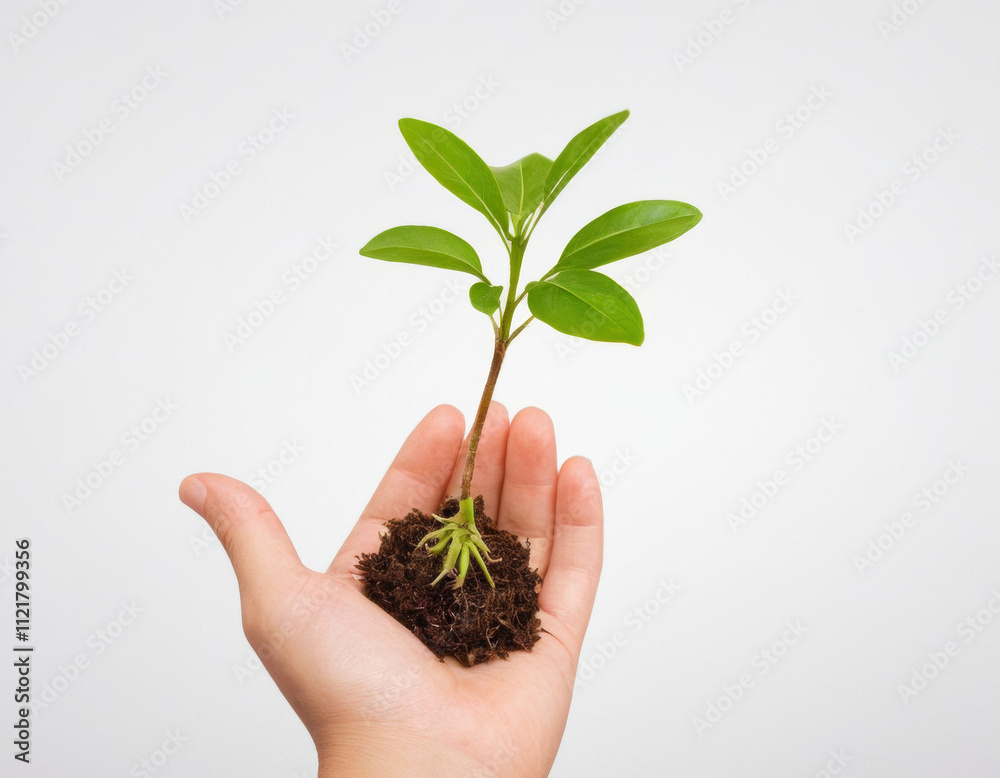 Person hand holding a small green plant with visible roots isolated on a white background , nature growth concept image Person hand holding a small green plant with visible roots isolated on a white background , nature growth concept image