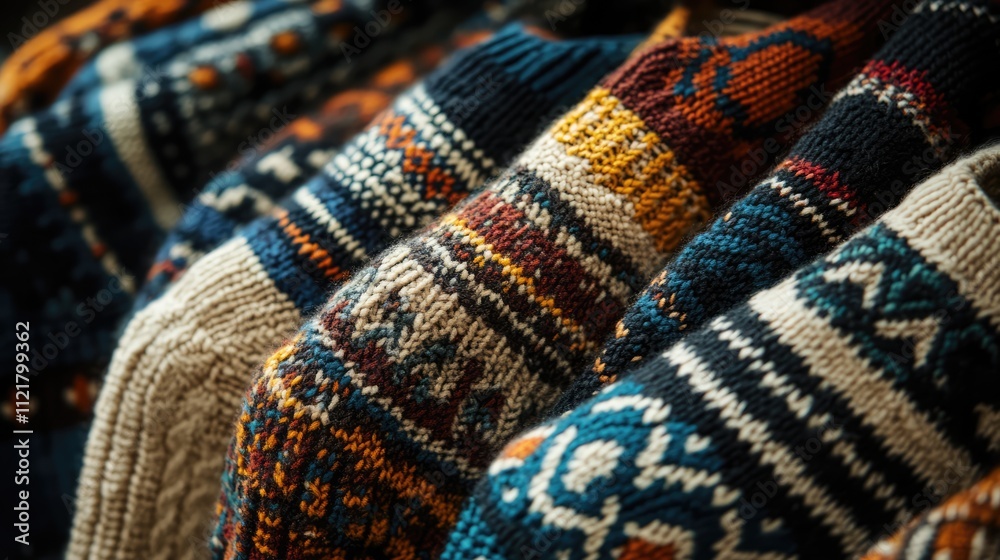Fototapeta premium Colorful jacquard patterned sweaters hanging on display showcasing intricate knit designs and textures in warm autumn hues