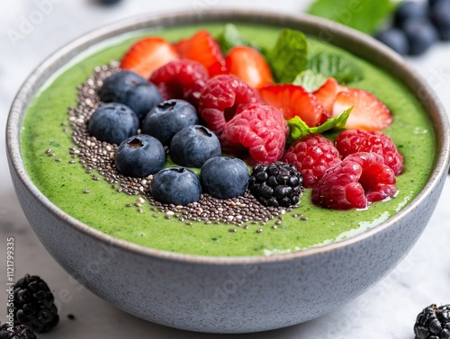 A vibrant smoothie bowl topped with fresh berries and chia seeds, served in a gray bowl, showcasing healthy ingredients and a refreshing breakfast option.