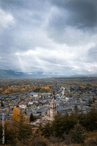 Llívia spanish exclave old town with a church seen from above in the Pyrenees mountains in the Cerdanya region