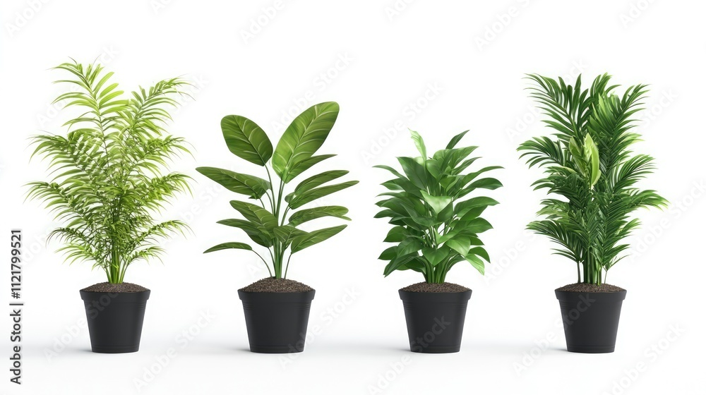 Obraz premium Indoor artificial plants in stylish pots for home decor on a clean white background showcasing greenery and elegance in interior design.