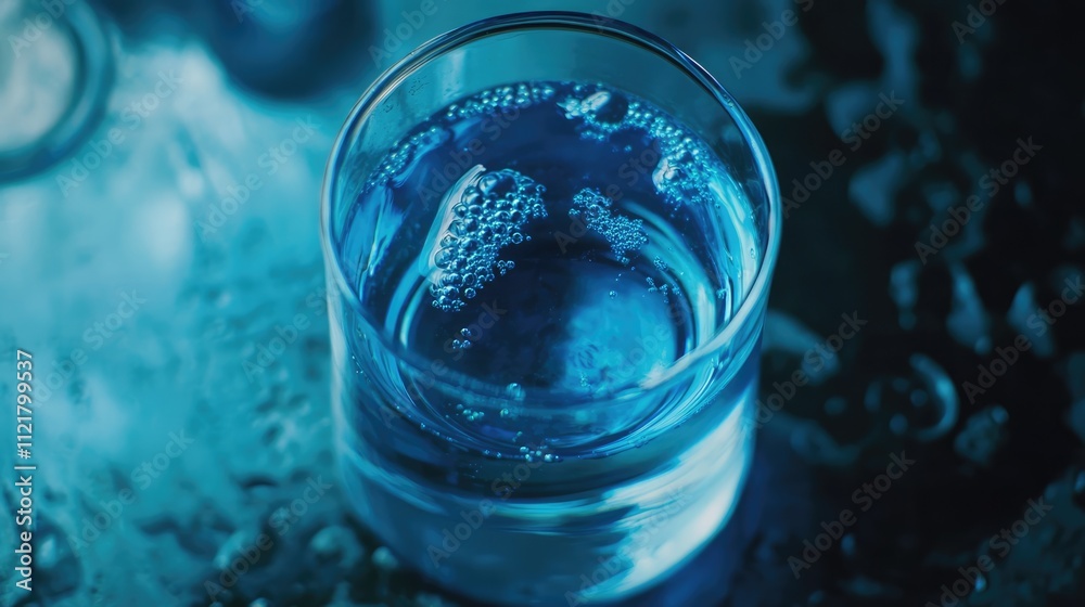 Top view of a transparent glass beaker with blue bubbling liquid on a textured surface Top view of a transparent glass beaker with blue bubbling liquid on a textured surface